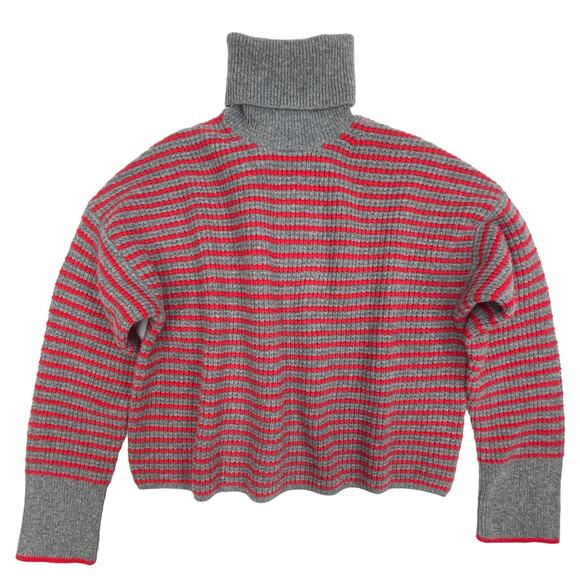 Madewell Wool Waffle Knit Turtleneck Sz S New $118 Grey Red Stripe Crop Sweater - Picture 4 of 8